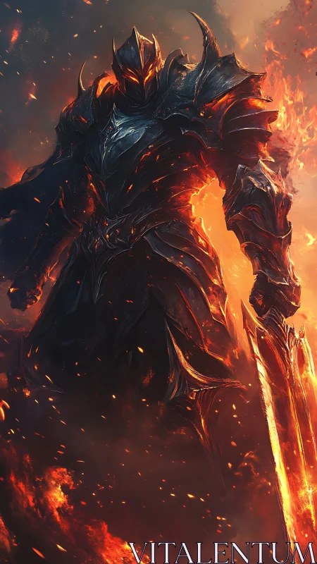 Armored fire demon warrior standing in blazing inferno.