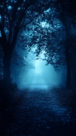 Moonlit fog path under dense forest canopy at night.
