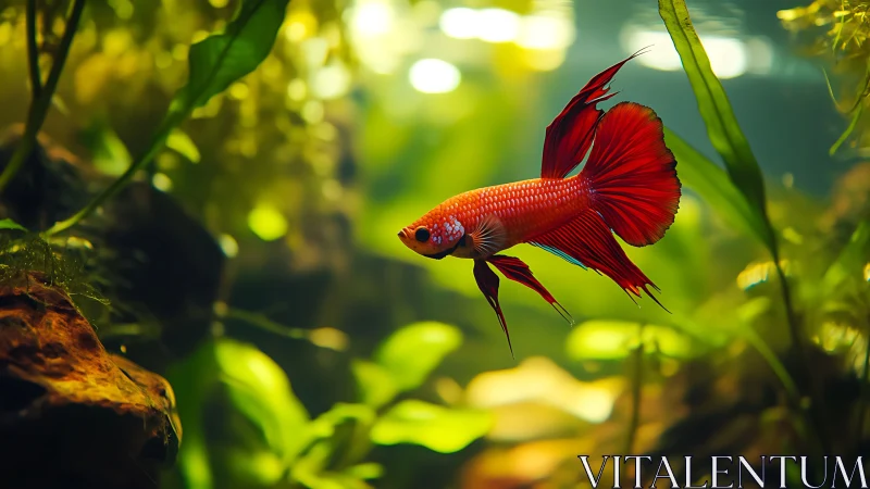 Scarlet betta fish gliding through lush planted aquarium.