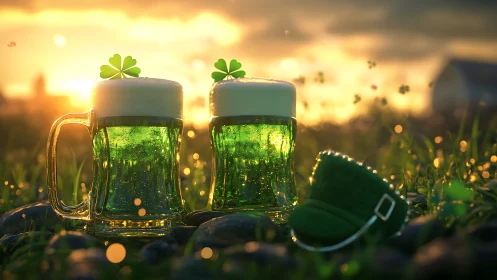Two green beer mugs stand in grass under low sunset light