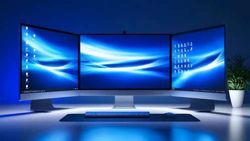 Triple-monitor workstation with blue ambient desktop lighting.