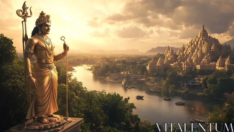 Golden riverside deity watches over a sunlit temple city