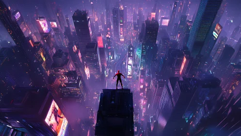 Silhouetted figure above dense neon cityscape at night.
