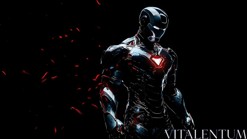 Futuristic armored cyborg in chrome exosuit with red core glow.