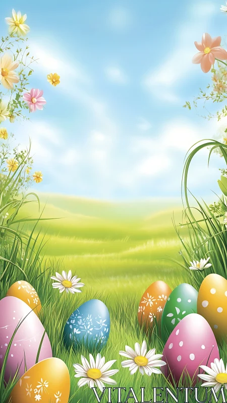 Colorful Easter eggs rest in a bright spring meadow.