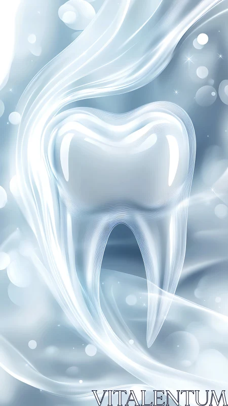 Glowing stylized tooth in clean abstract white waves.