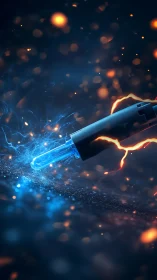 Electric stylus ignites blue plasma over textured surface.