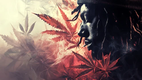 Smoke-draped dreamer drifts through crimson cannabis constellations