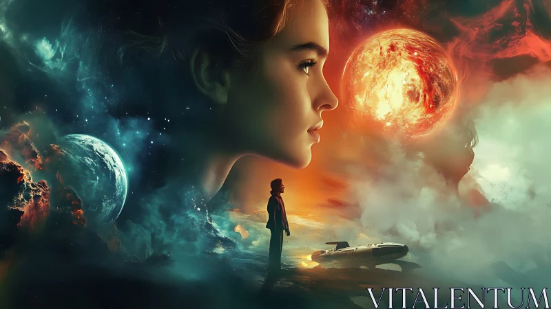 Starlit dreamer surveys twin worlds in blazing cosmic mist.