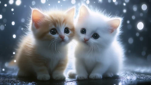 Twin White Kittens with Large Eyes in Luminescent Winter Setting. 3D Rendered.