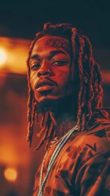 Neon ember gaze of a tattooed king in molten streetlight.