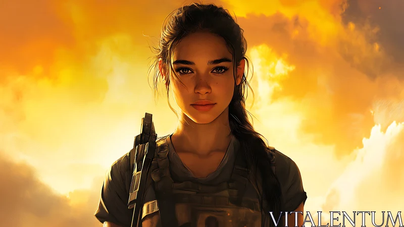 Sunlit tactical heroine in cinematic golden sky portrait.