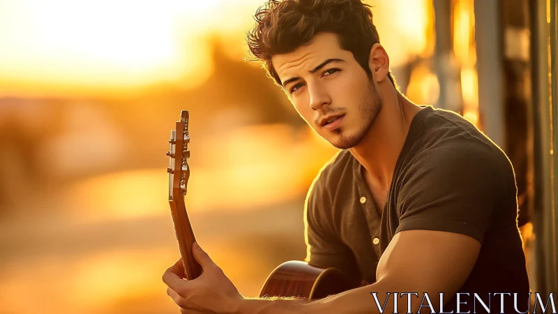 Sunlit guitarist portrait with warm golden hour bokeh.