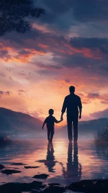 Silhouetted footsteps stitch memories into a painted sunset