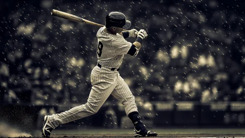 Kinetic rain-soaked baseball swing with dynamic motion blur.