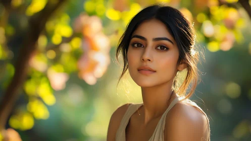 Sunlit muse in soft bokeh garden glow of late summer.