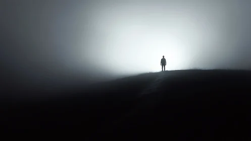 Backlit human silhouette on foggy horizon ridge at nightfall.