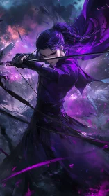 Purple clad anime swordsman unleashes energy in battle
