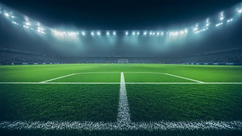 Illuminated soccer stadium field under night floodlights.