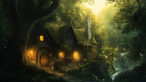 Enchanted forest cottage glows beside misty waterfall at dusk.