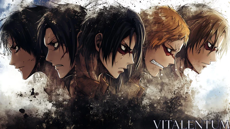 Profile lineup of five anime characters in dark splatter style.