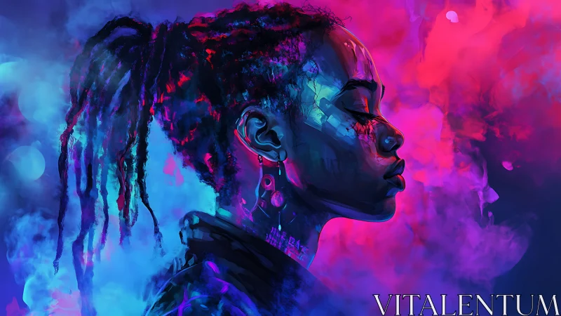 Neon-lit cyber portrait isolates profile in saturated magenta-blue haze