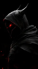 Hooded demonic warrior profile with glowing red visor eyes