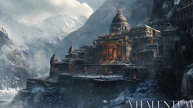 Mountain fortress complex with illuminated central temple façade.