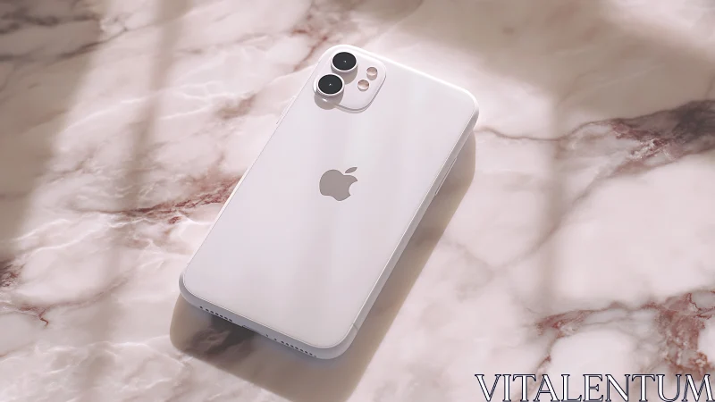 White iPhone 12 with dual camera array on marble surface.