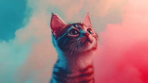 Feline Daydreamer Gazes Skyward Through Neon Twilight Hues
