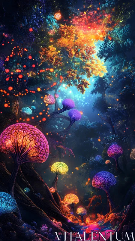 Chromatic bioluminescent forest with neural canopy structures.