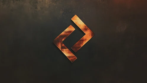 Rust-burnished geometric emblem on dark textured field.
