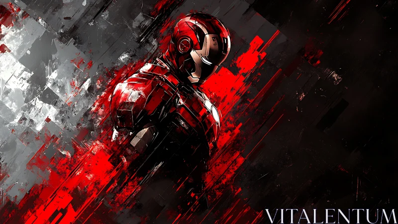 Armored red figure in fragmented digital abstract field.