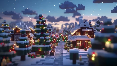 Voxel winter village shows glowing Christmas street scene