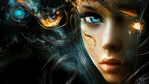 Cosmic-eyed cyber muse amid swirling nebula circuitry.