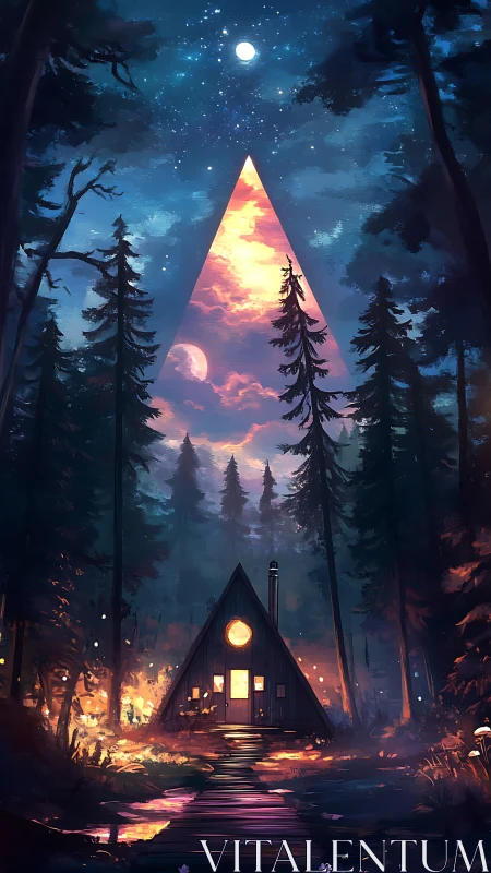 Cabin lights whisper while a cosmic triangle parts the sky
