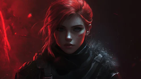 Red-haired cyber operative stares ahead in cinematic side light