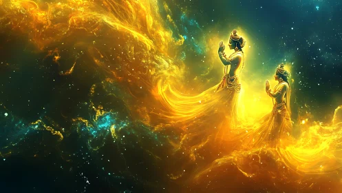 Celestial deities emerging through luminous astral nebula.