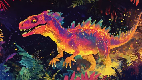 Neon dinosaur strides through glowing jungle twilight
