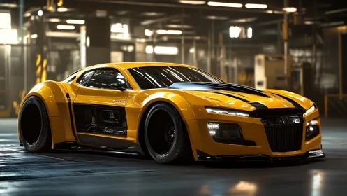 Yellow hypercar stands poised under industrial garage lights.
