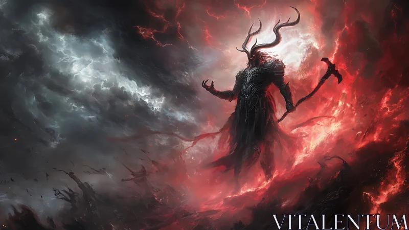 Storm‑crowned demon lord rising through swirling firestorm.