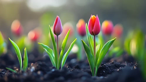 Red tulip buds with green stems emerging from dark soil