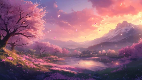 Sunset-lit sakura valley with reflective river and distant shrine