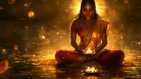 Luminous river meditation with ritual fire and radiant aureole.