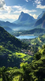 Sunlit emerald valley welcomes a quiet lakeside village