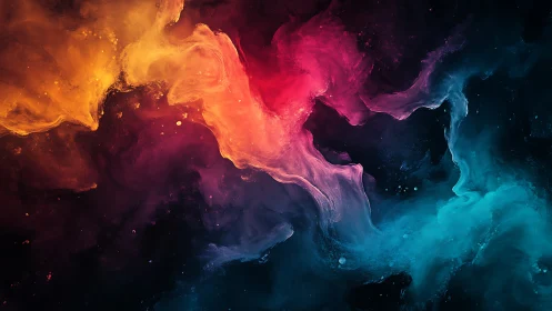 Colored pigment clouds merging on dark abstract background.