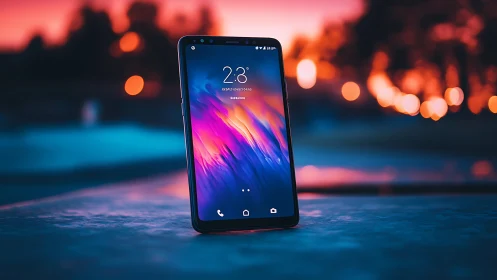 Mobile device displaying colorful gradient wallpaper in illuminated environment.