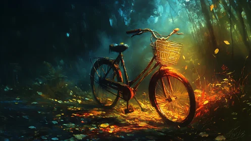 Bicycle Glowing in Enchanted Forest Illuminated by Magical Light.