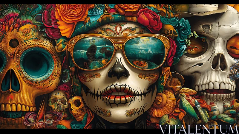 Symmetrical sugar skull portrait integrates mirrored urban reflections