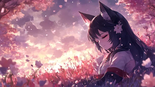 Anime fox-girl in luminous sakura field, soft sunset composition.